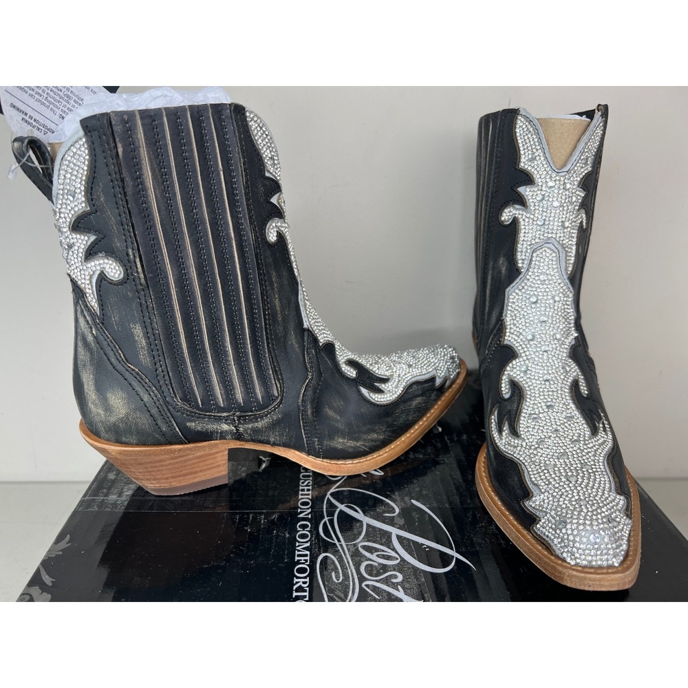 NEW Dan Post Womens Lad Crystal Black Leather Snip Toe Western Booties DP5125 6M